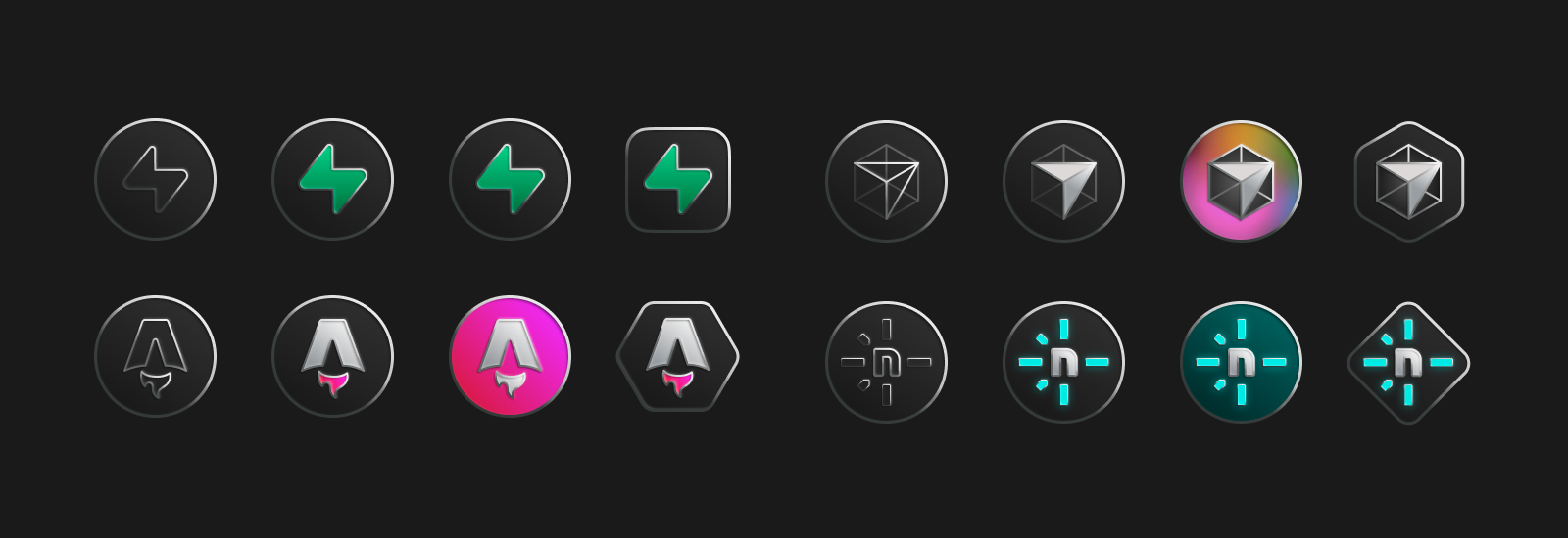 Supabase, Astro, Cursor, Netlify 的四种徽章样式:圆形单色、圆形多色、圆形背景多色、异形多色